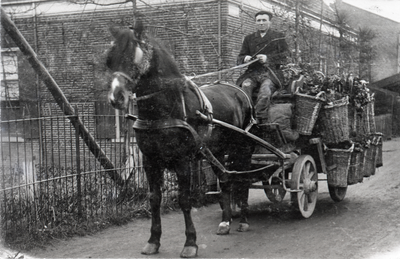 821921 Afbeelding van een een hovenier met zijn groentekar, vermoedelijk bij het huis Notebomenlaan 98 te Utrecht.